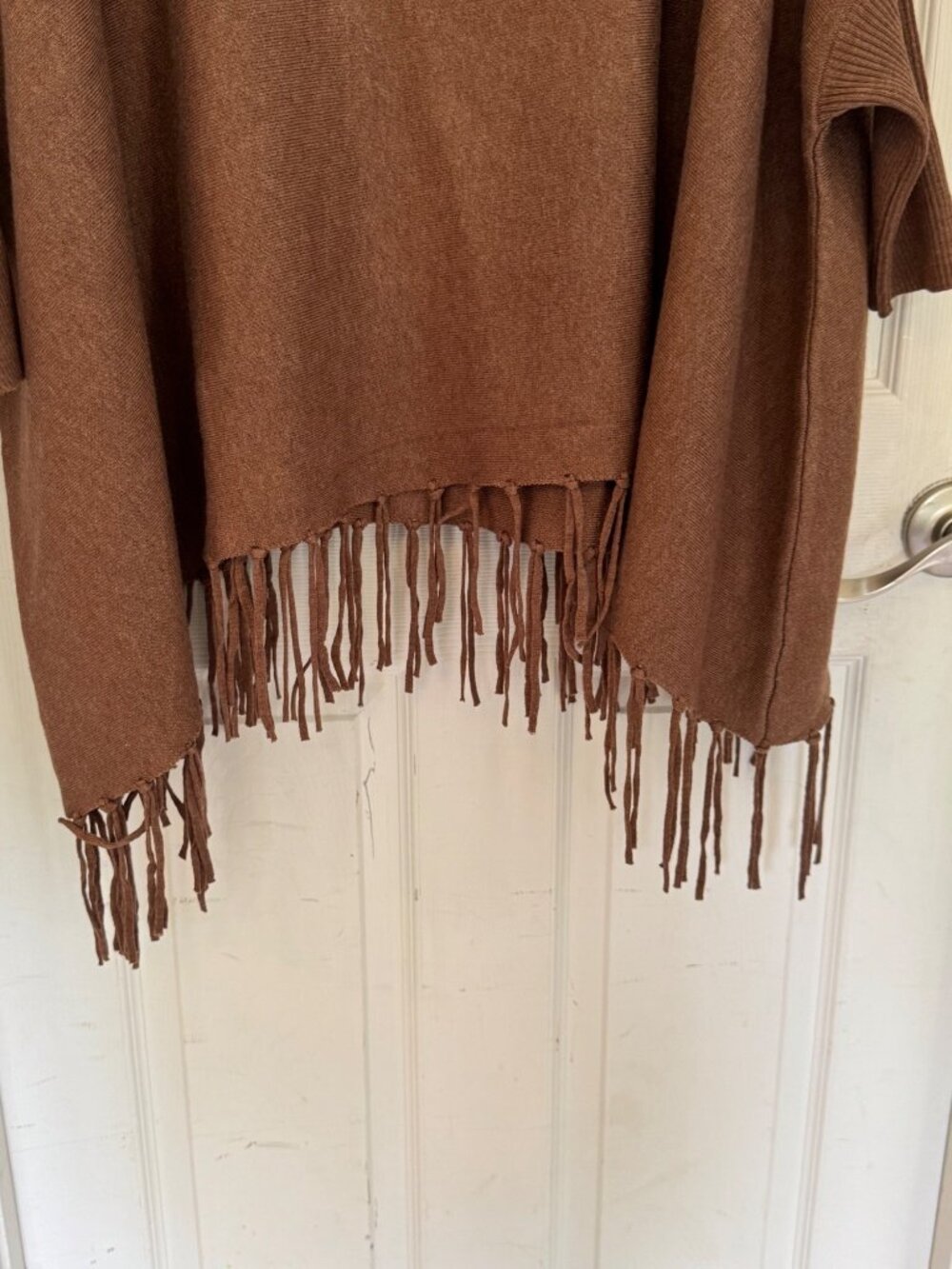 Magaschoni Poncho Sweater Brown Turtleneck Dolman Sleeve Fringe Hemline Knit L - Picture 3 of 11